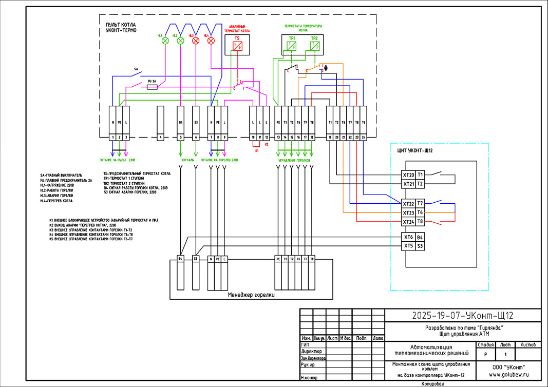 Пульт "УКонт-Термо" и щит управления "УКонт-Щ12" схема подключения к котлу.