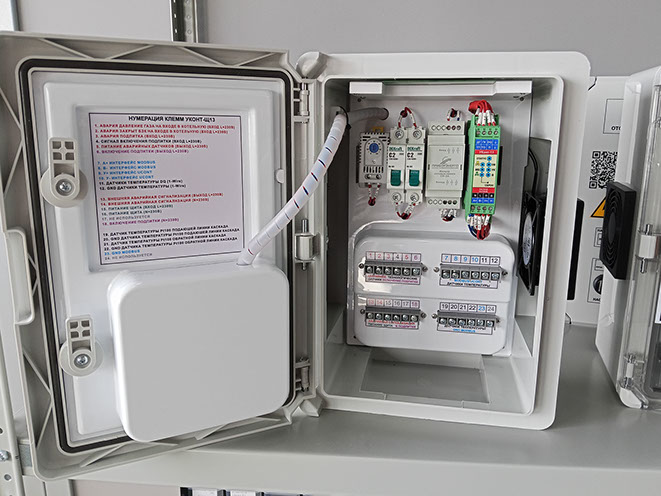 Щит каскадом котлов "УКонт-Щ13" вид с открытой дверкой.